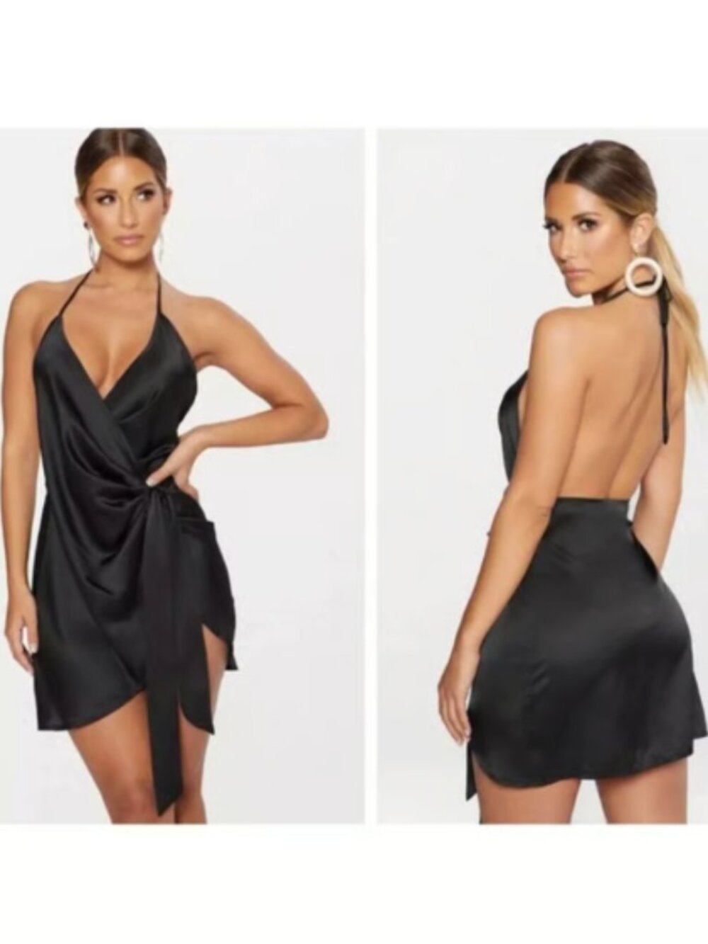 PrettyLittleThing Black Satin Halterneck Wrap Bodycon Mini Dress Little Blck LBD